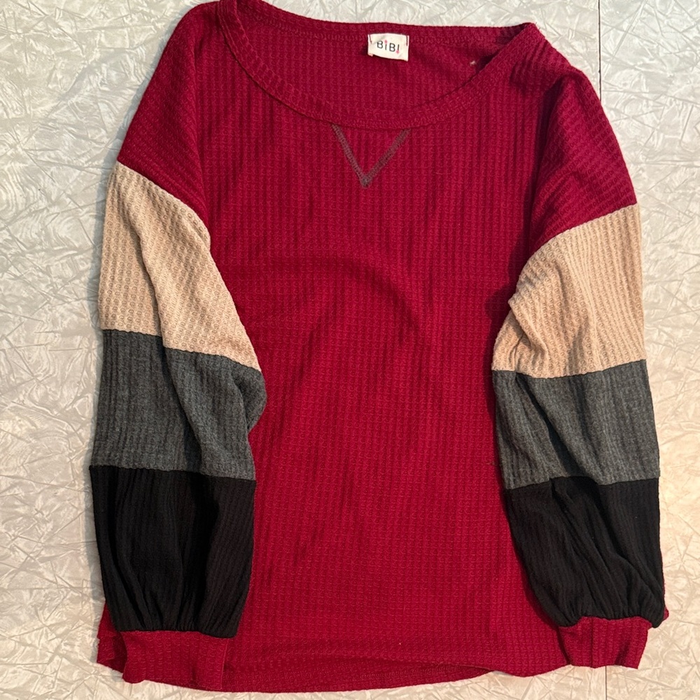 BiBi Red and Multicolor Block Waffle Long Sleeve T-Shirt